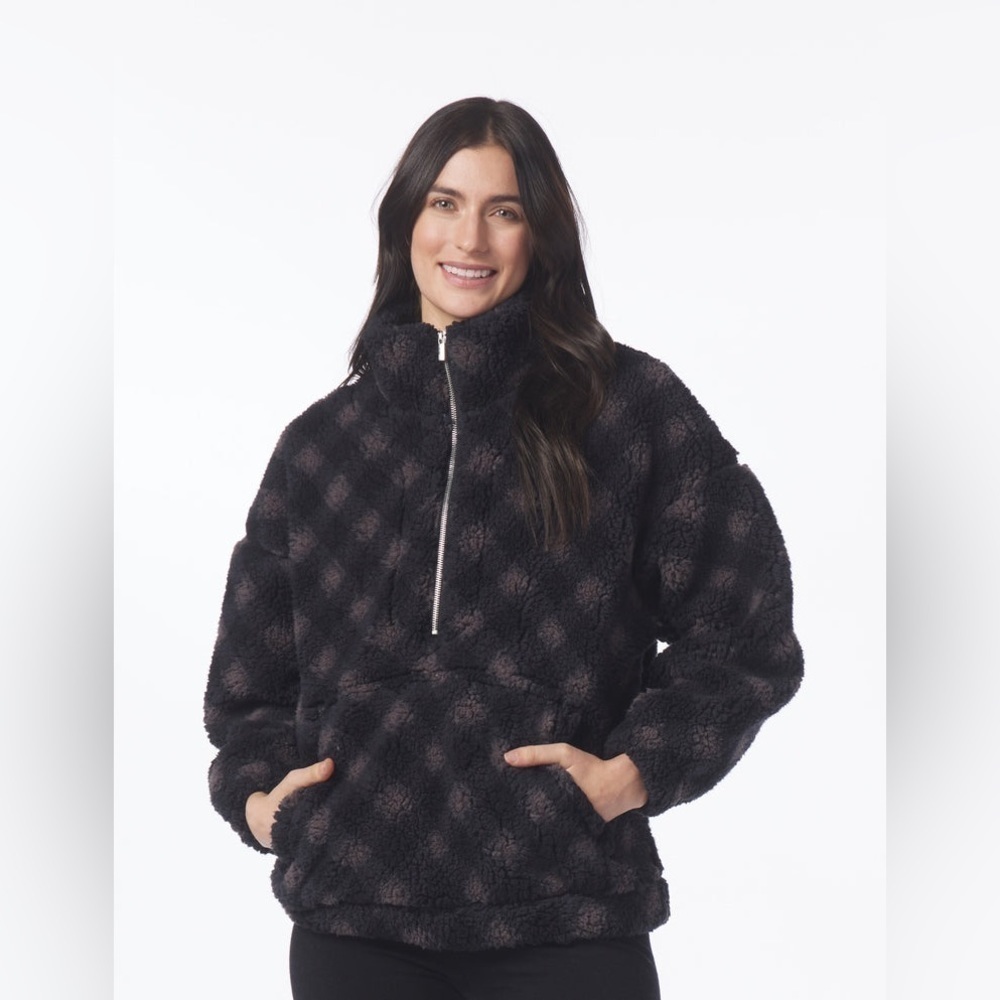 Glyder Women's Oversized Sherpa Quarter Zip in Black Buffalo Plaid Size Small